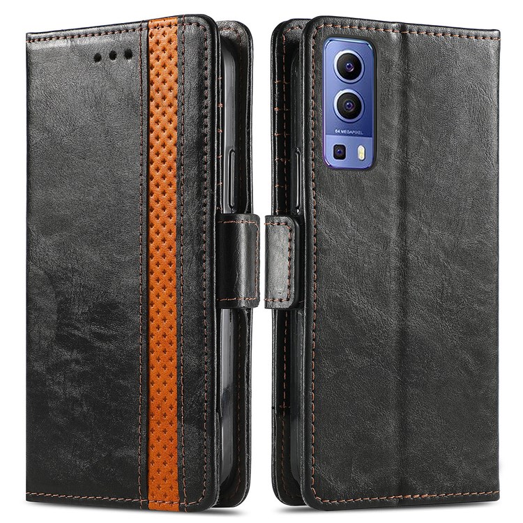 CASENEO 002 Series Phone Flip Cover Splicing PU Leather Magnetic Closure Phone Case Stand Wallet for vivo Y72 5G - Black-1