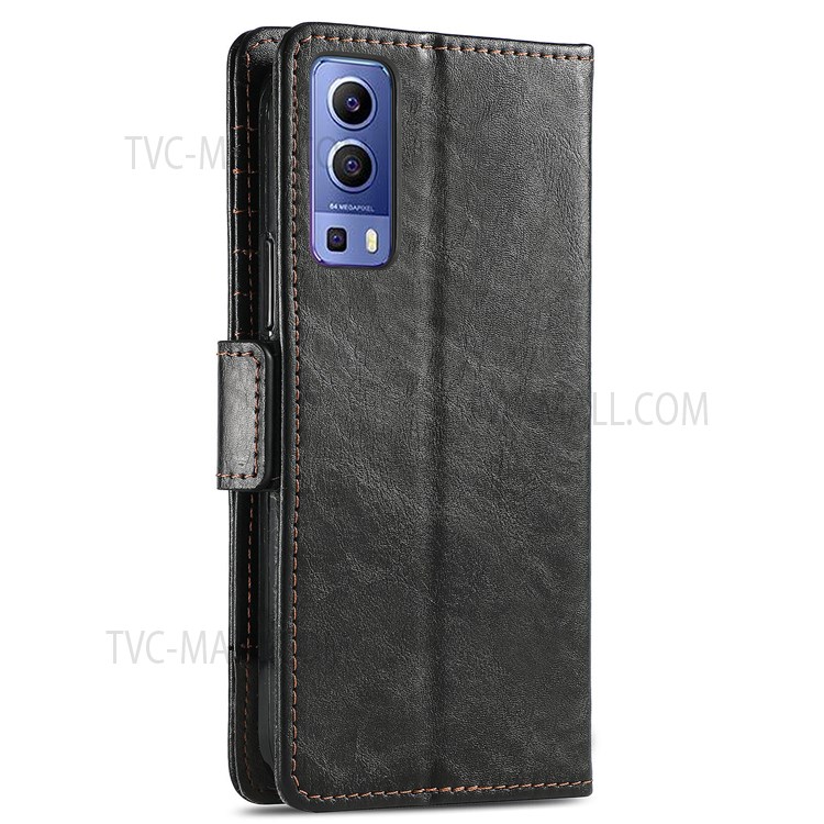 CASENEO 002 Series Phone Flip Cover Splicing PU Leather Magnetic Closure Phone Case Stand Wallet for vivo Y72 5G - Black-11