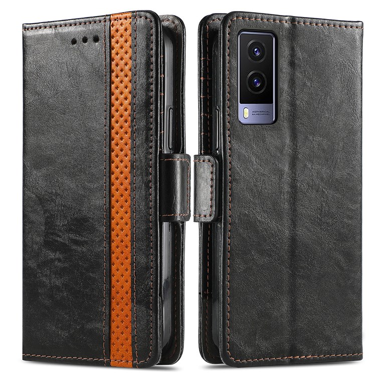 CASENEO 002 Series Splicing PU Leather Phone Cover Compatible For vivo V21e 5G Magnetic Closure Phone Case Stand Wallet - Black-1