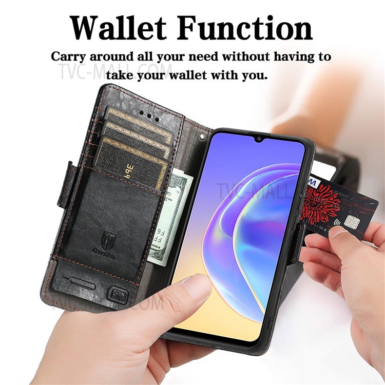 CASENEO 002 Series Splicing PU Leather Phone Cover Compatible For vivo V21e 5G Magnetic Closure Phone Case Stand Wallet - Black-3