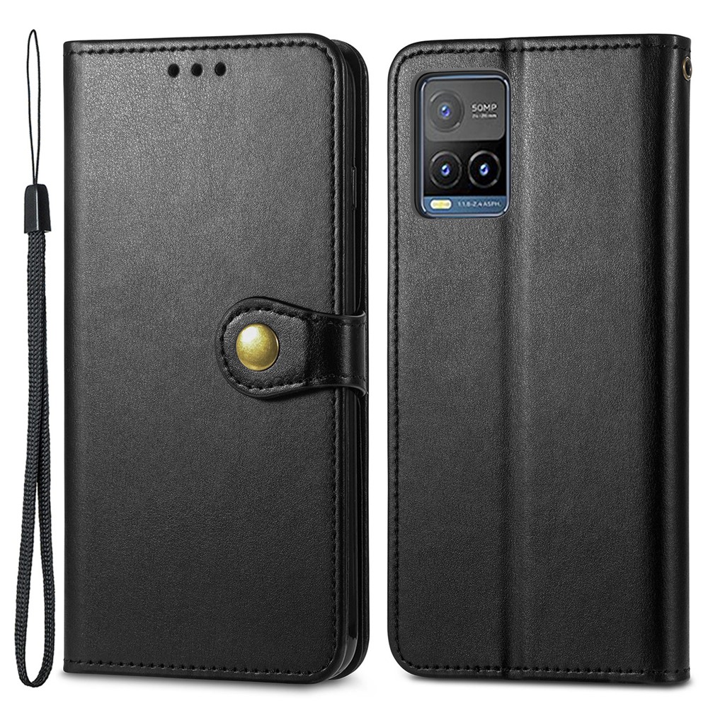 Stand Function PU Leather Wallet Shockproof Flip Magnetic Round Buckle Case with Strap for vivo Y21s - Black-1