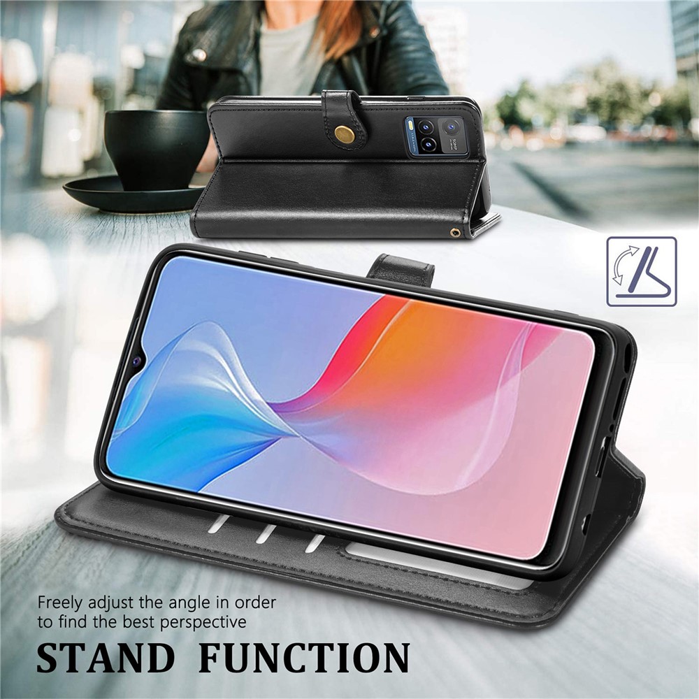 Stand Function PU Leather Wallet Shockproof Flip Magnetic Round Buckle Case with Strap for vivo Y21s - Black-2