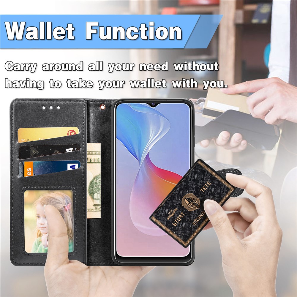 Stand Function PU Leather Wallet Shockproof Flip Magnetic Round Buckle Case with Strap for vivo Y21s - Black-3
