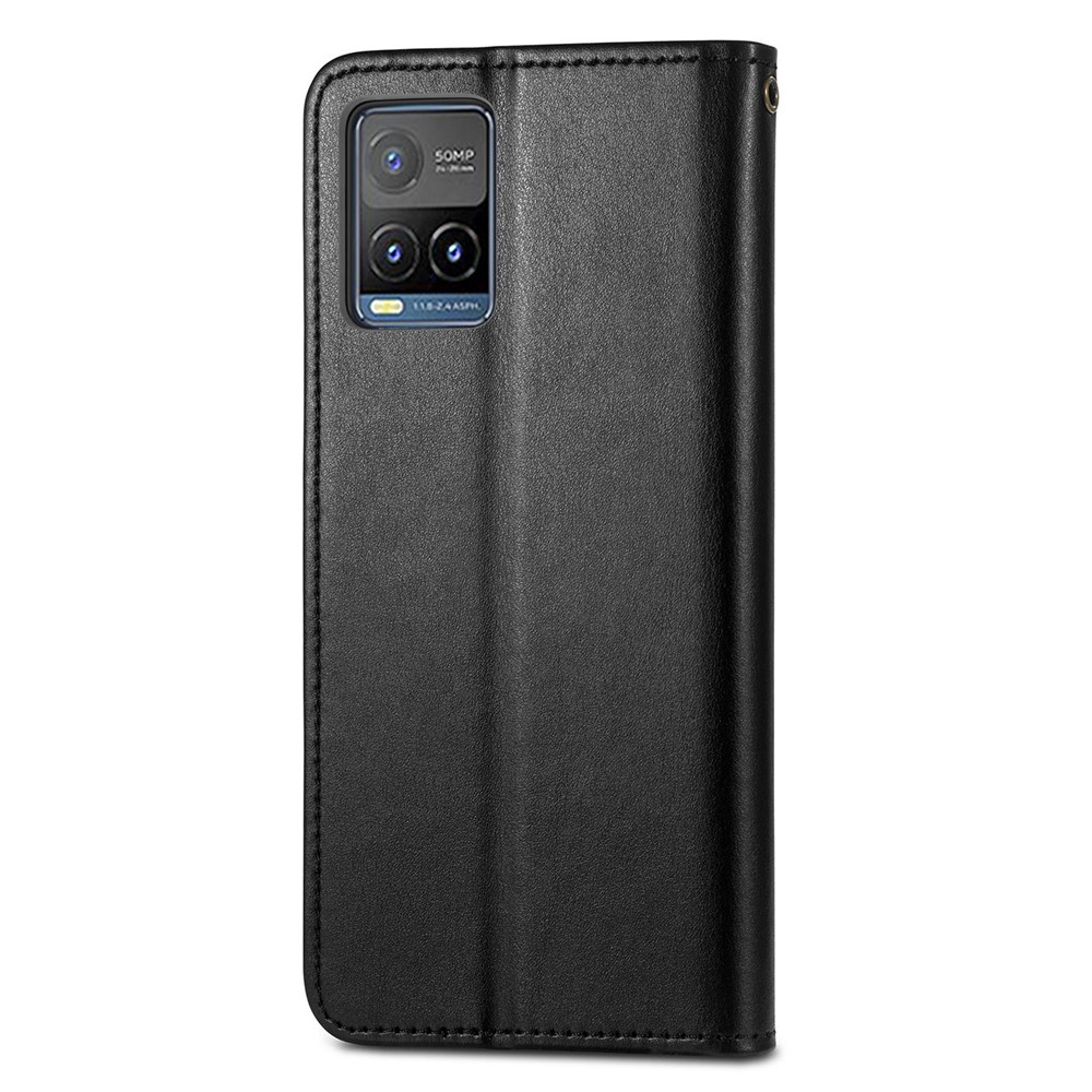 Stand Function PU Leather Wallet Shockproof Flip Magnetic Round Buckle Case with Strap for vivo Y21s - Black-9