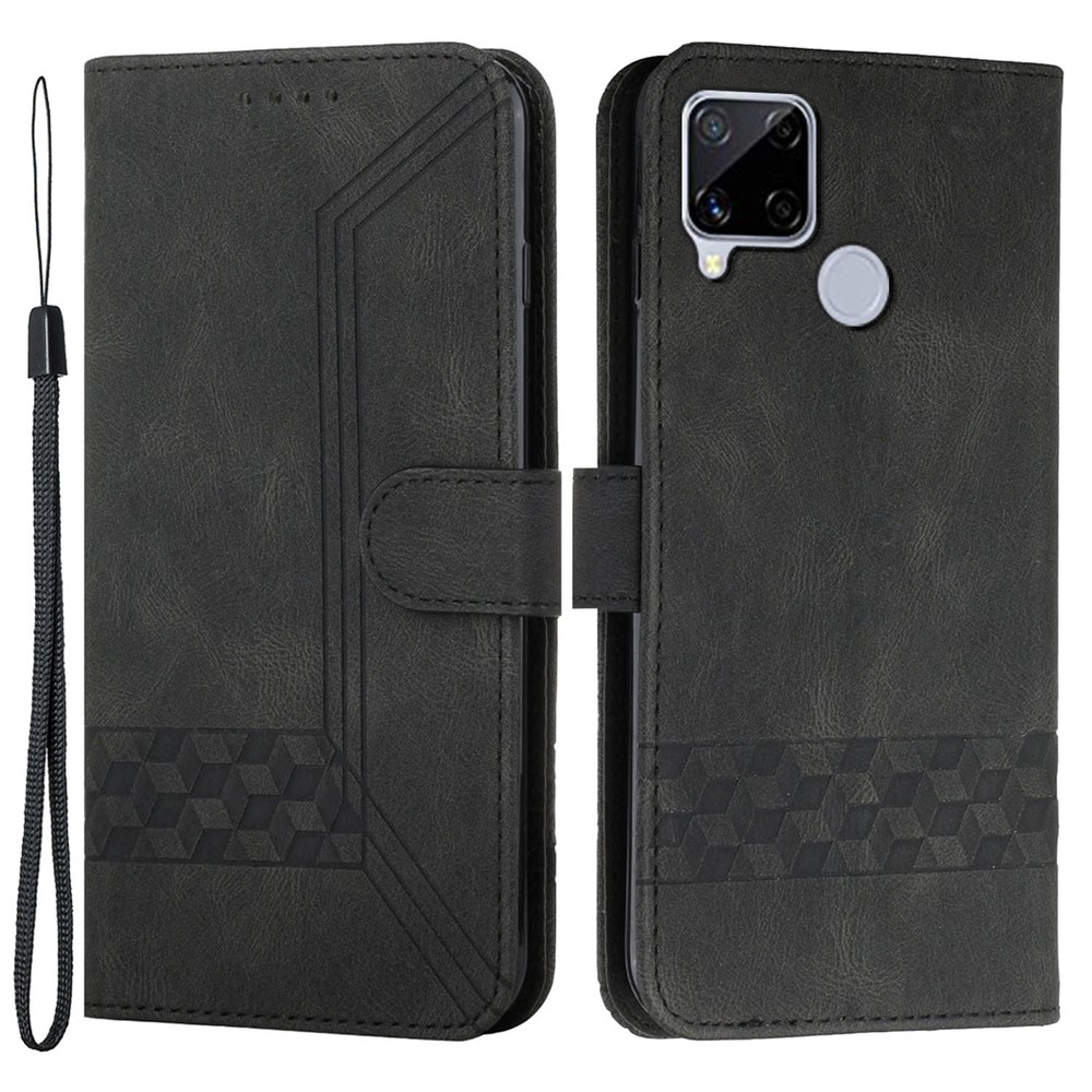 YX0010 Anti-collision Rhombus Lines Imprinting Skin-touch Feel Leather Flip Cover + Soft Inner Shell Stand Wallet Case for Realme C12/C15/C25/C25s/7i (Global)/Narzo 20/Narzo 30A - Black-1