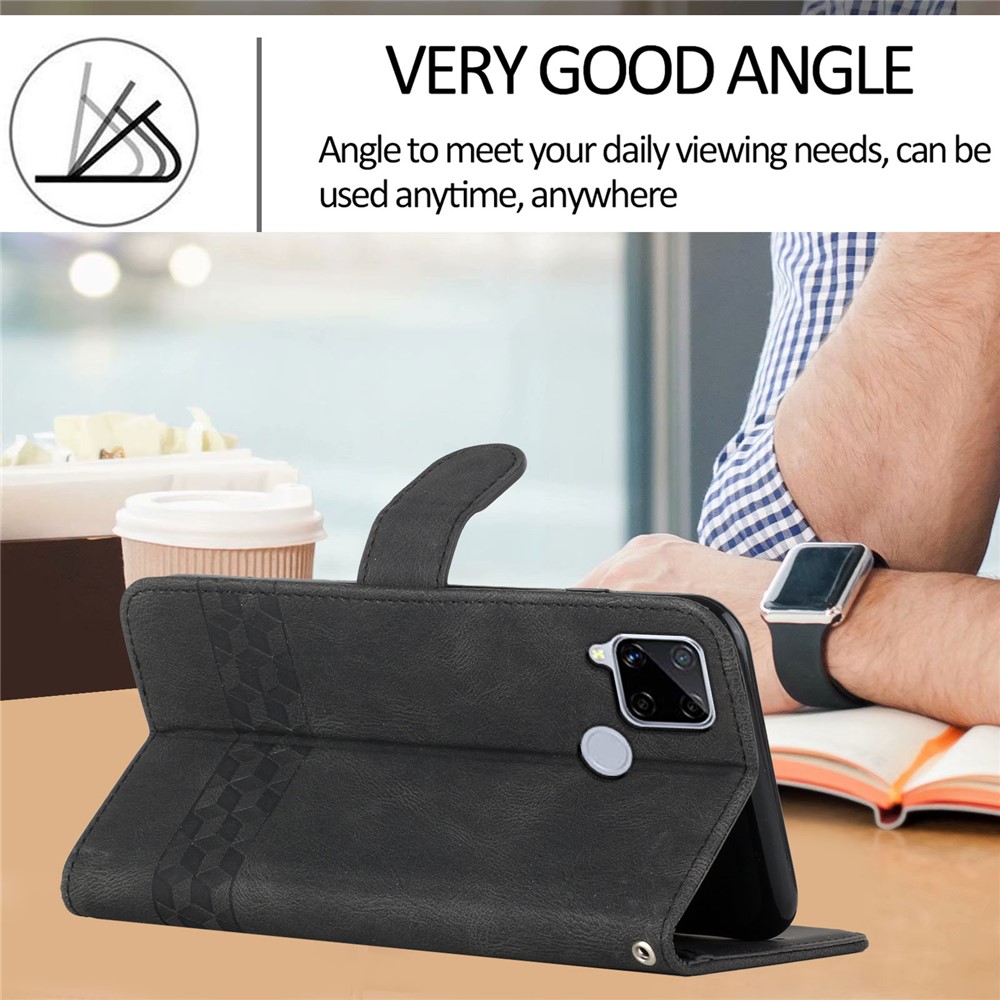 YX0010 Anti-collision Rhombus Lines Imprinting Skin-touch Feel Leather Flip Cover + Soft Inner Shell Stand Wallet Case for Realme C12/C15/C25/C25s/7i (Global)/Narzo 20/Narzo 30A - Black-5