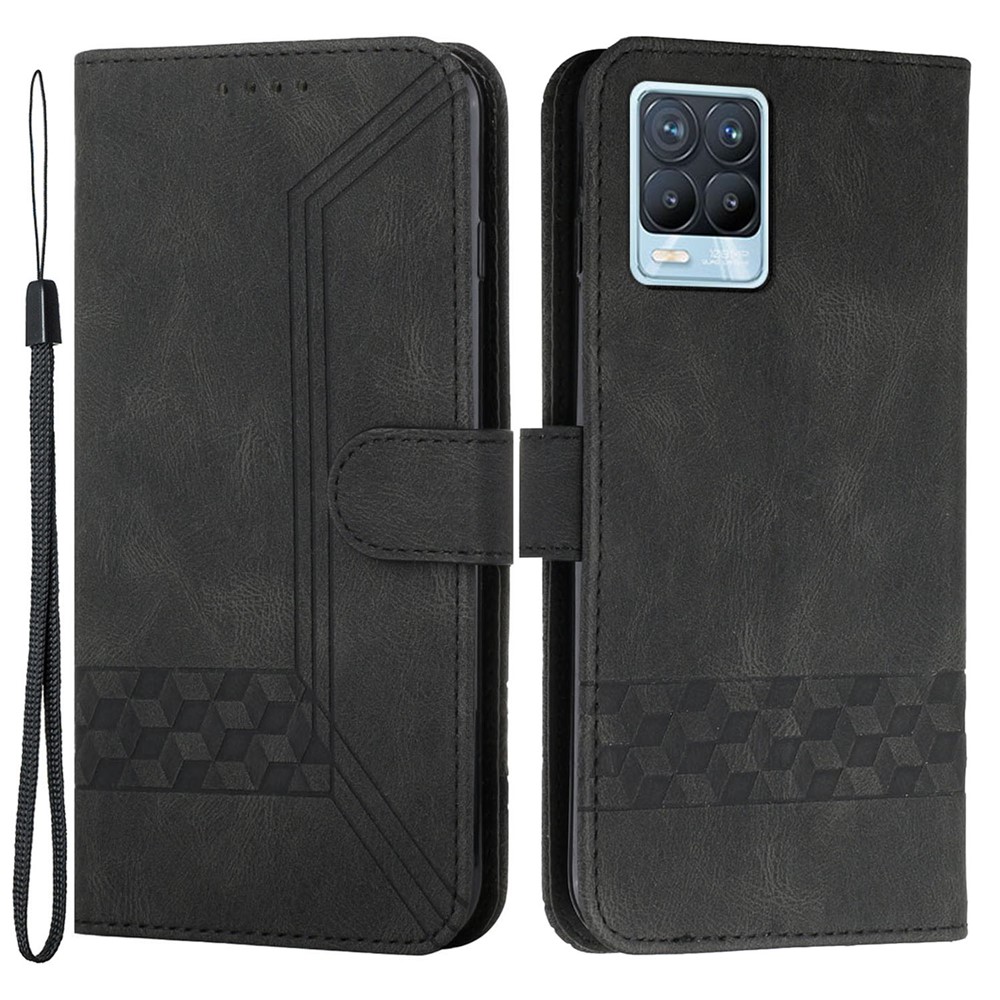 YX0010 Imprinting Rhombus Lines PU Leather Phone Case Anti-scratch Wallet Stand Shell with Handy Strap for Realme 8/8 Pro - Black-1