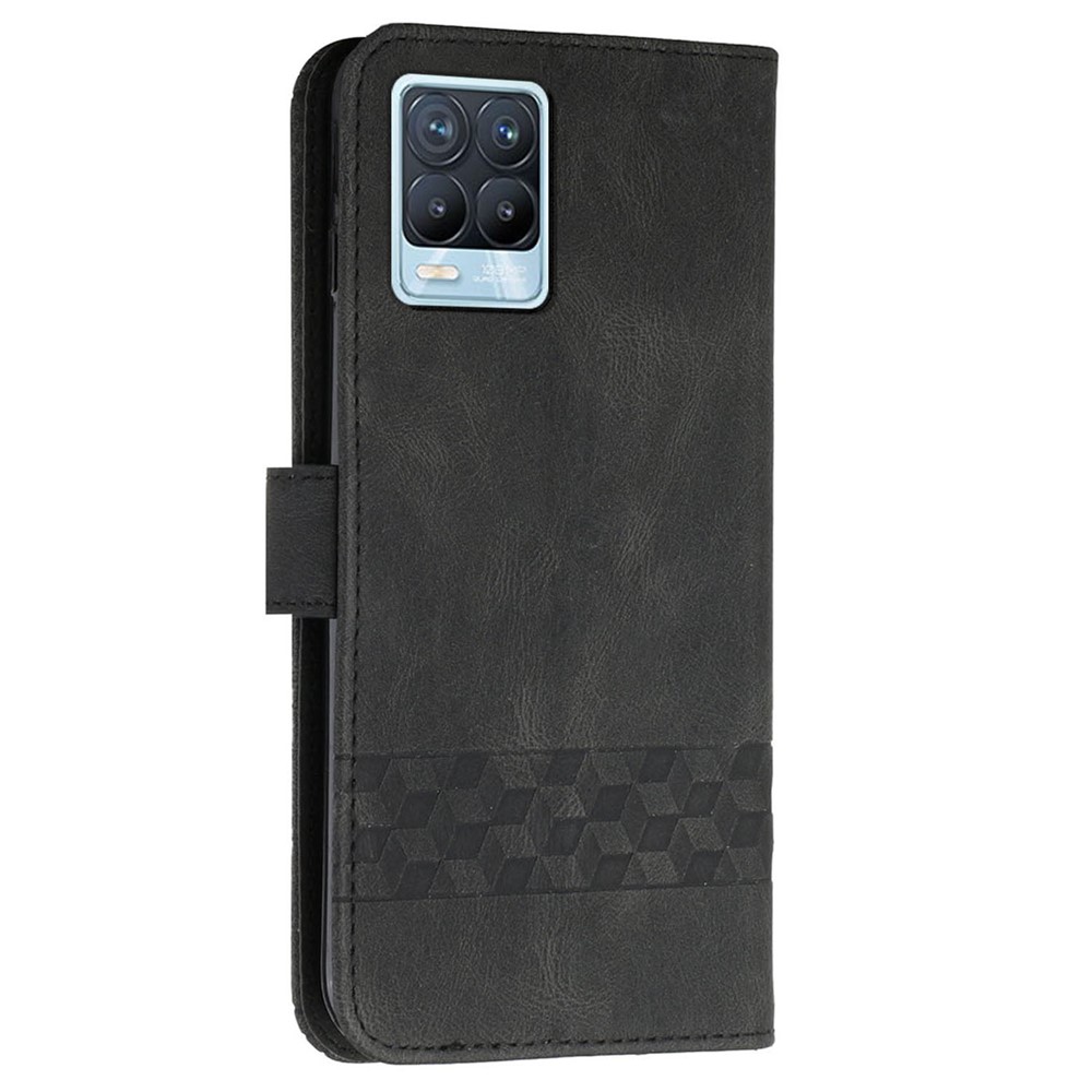 YX0010 Imprinting Rhombus Lines PU Leather Phone Case Anti-scratch Wallet Stand Shell with Handy Strap for Realme 8/8 Pro - Black-3