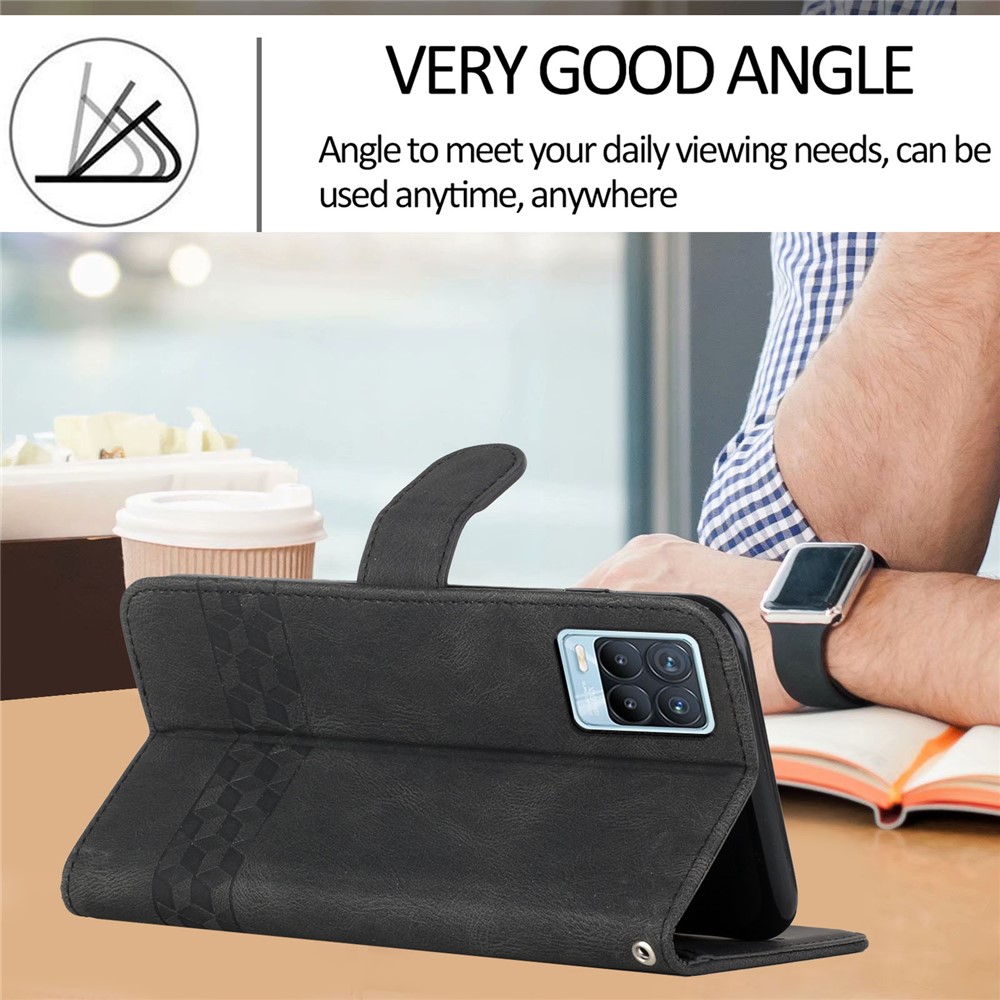YX0010 Imprinting Rhombus Lines PU Leather Phone Case Anti-scratch Wallet Stand Shell with Handy Strap for Realme 8/8 Pro - Black-5