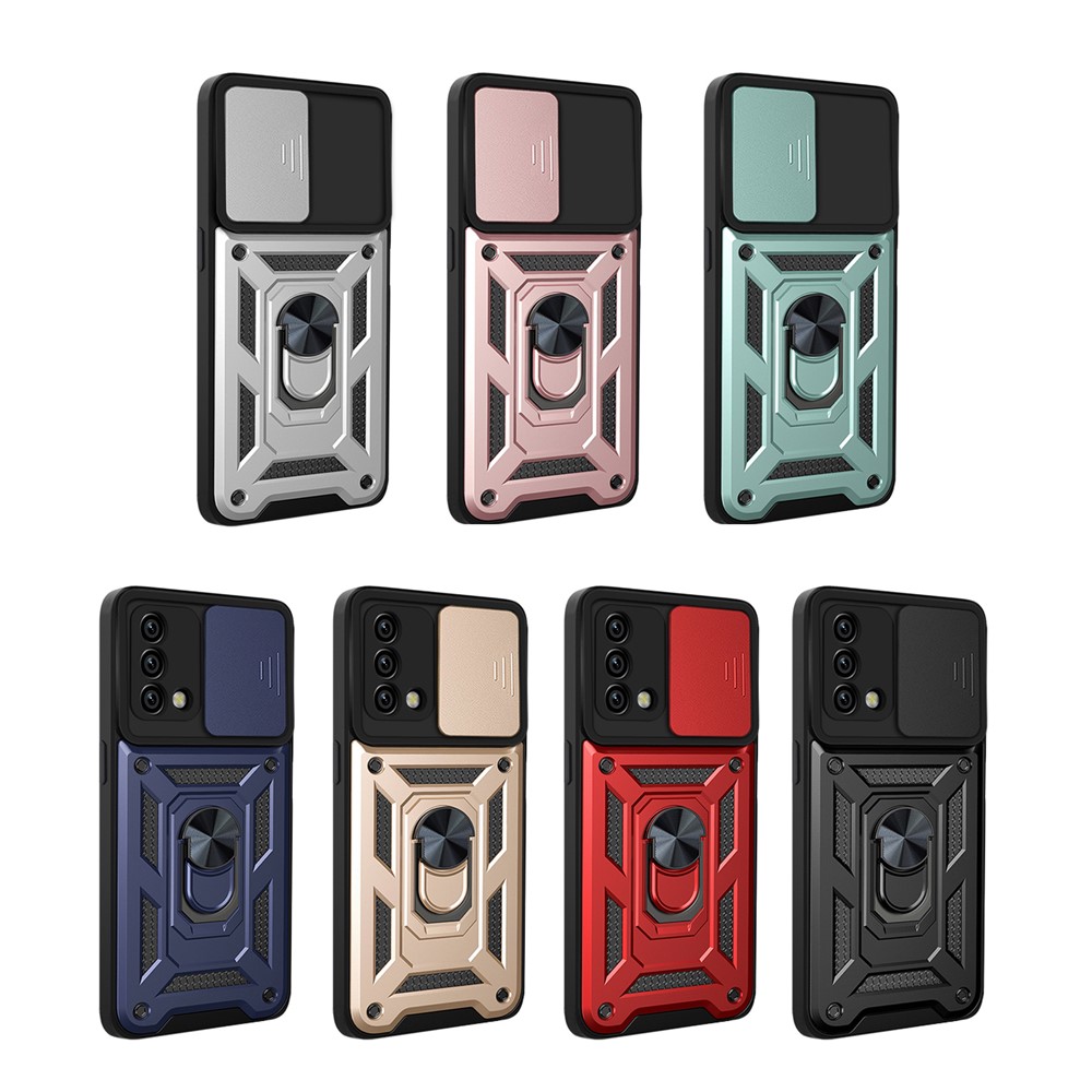 For Oppo A74 4G Camera Slide Cover Ring Holder Kickstand Shockproof PC + TPU Phone Case - Black-10