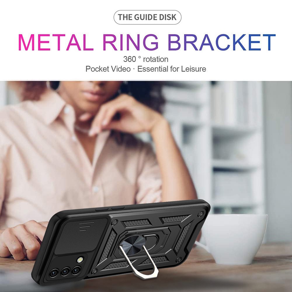 For Oppo A74 4G Camera Slide Cover Ring Holder Kickstand Shockproof PC + TPU Phone Case - Black-2