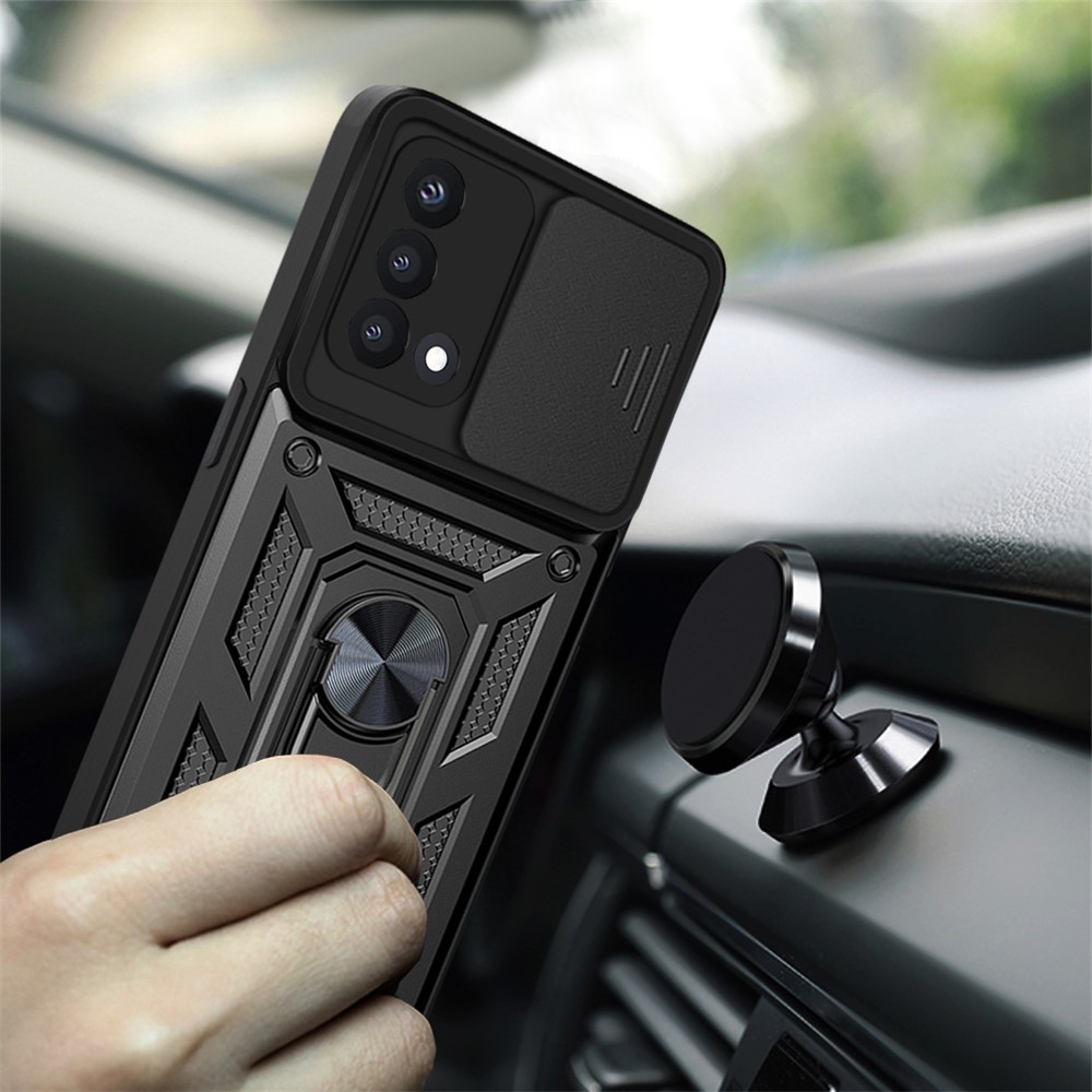 For Oppo A74 4G Camera Slide Cover Ring Holder Kickstand Shockproof PC + TPU Phone Case - Black-3