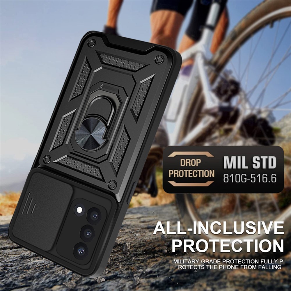 For Oppo A74 4G Camera Slide Cover Ring Holder Kickstand Shockproof PC + TPU Phone Case - Black-4