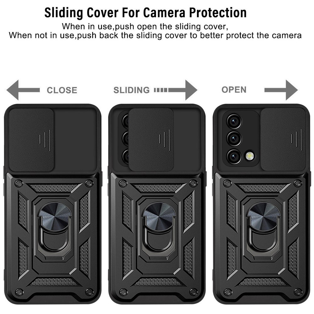 For Oppo A74 4G Camera Slide Cover Ring Holder Kickstand Shockproof PC + TPU Phone Case - Black-5