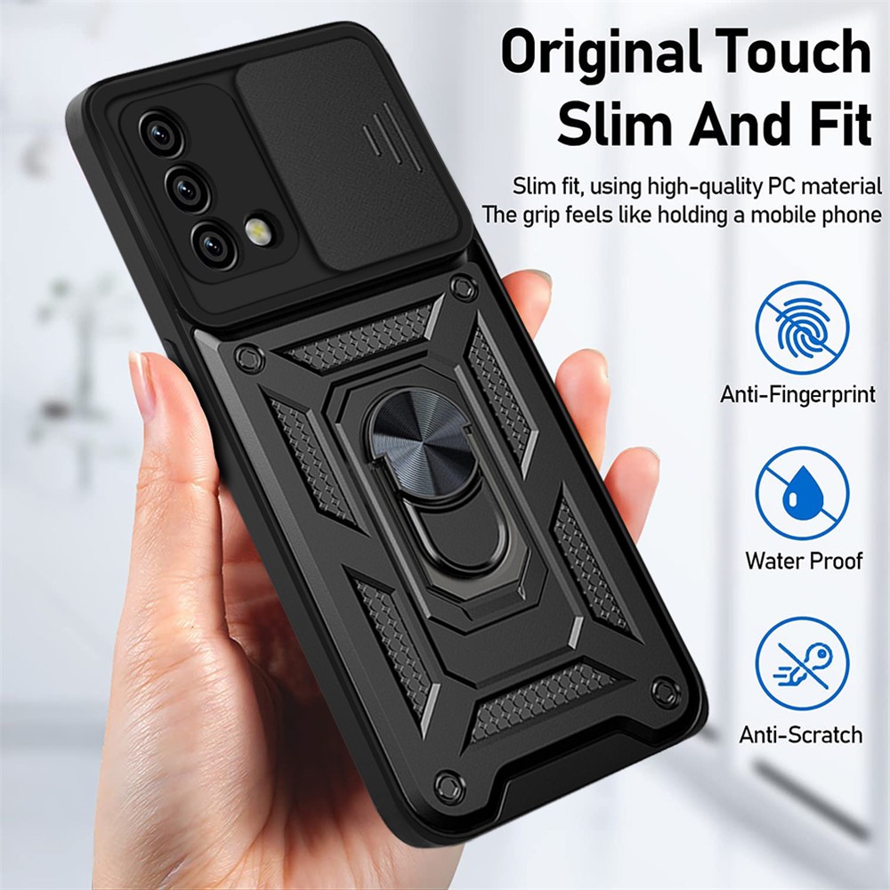 For Oppo A74 4G Camera Slide Cover Ring Holder Kickstand Shockproof PC + TPU Phone Case - Black-6