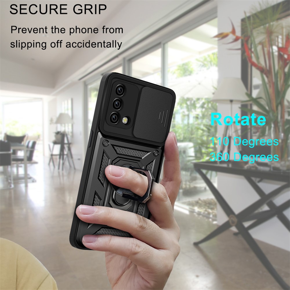 For Oppo A74 4G Camera Slide Cover Ring Holder Kickstand Shockproof PC + TPU Phone Case - Black-7