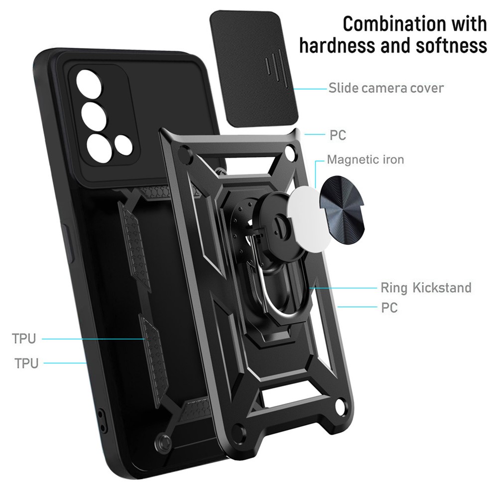 For Oppo A74 4G Camera Slide Cover Ring Holder Kickstand Shockproof PC + TPU Phone Case - Black-8