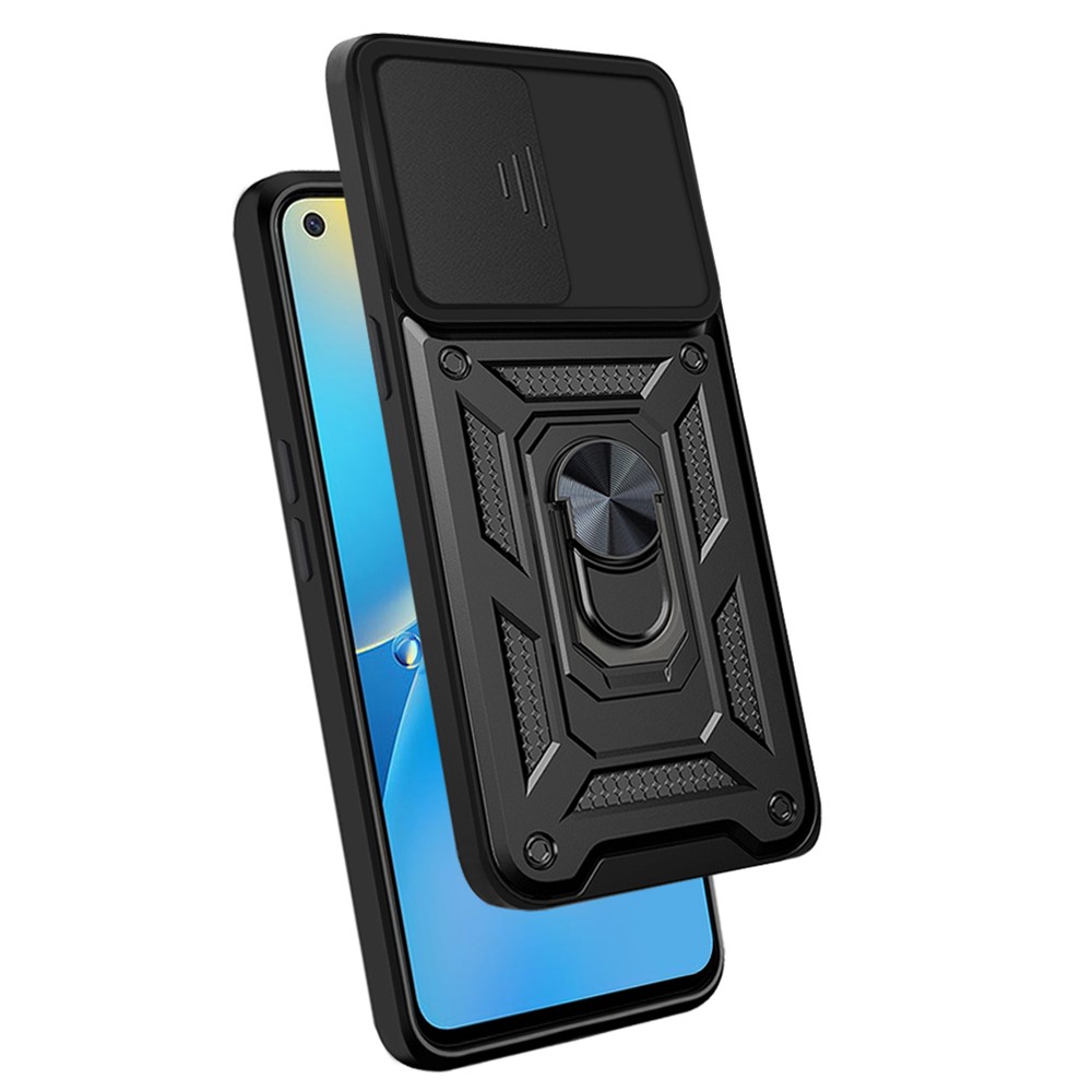 For Oppo A74 4G Camera Slide Cover Ring Holder Kickstand Shockproof PC + TPU Phone Case - Black-9