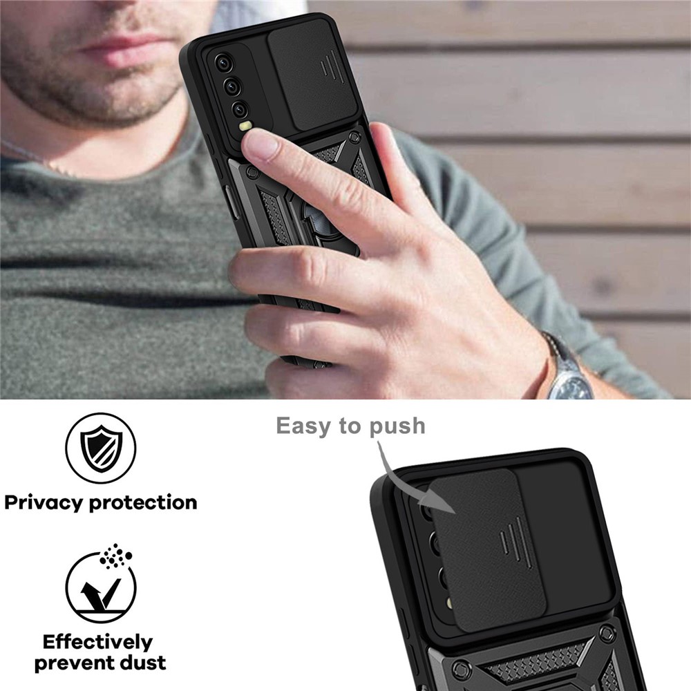 Ring Kickstand Design Camera Slide Cover PC + TPU Anti-fall Hybrid Case Cover for vivo Y20 - Black-5