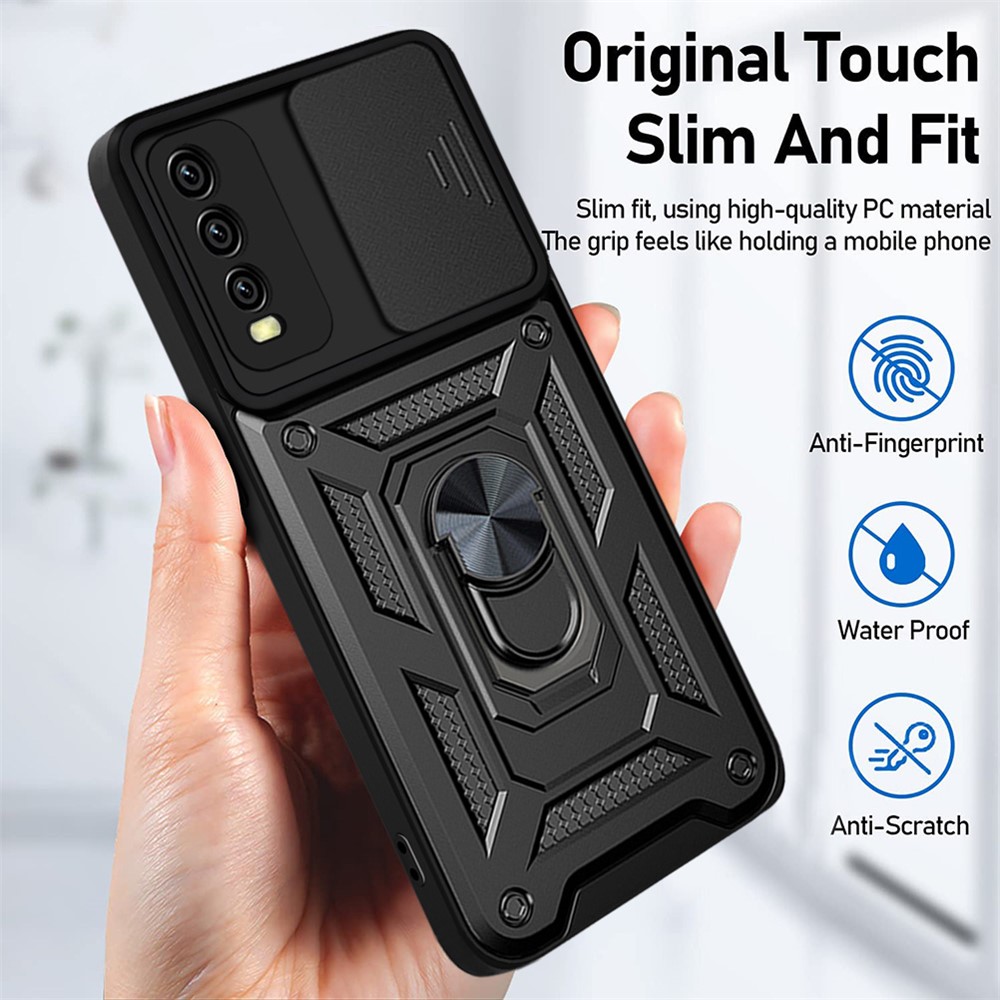 Ring Kickstand Design Camera Slide Cover PC + TPU Anti-fall Hybrid Case Cover for vivo Y20 - Black-6