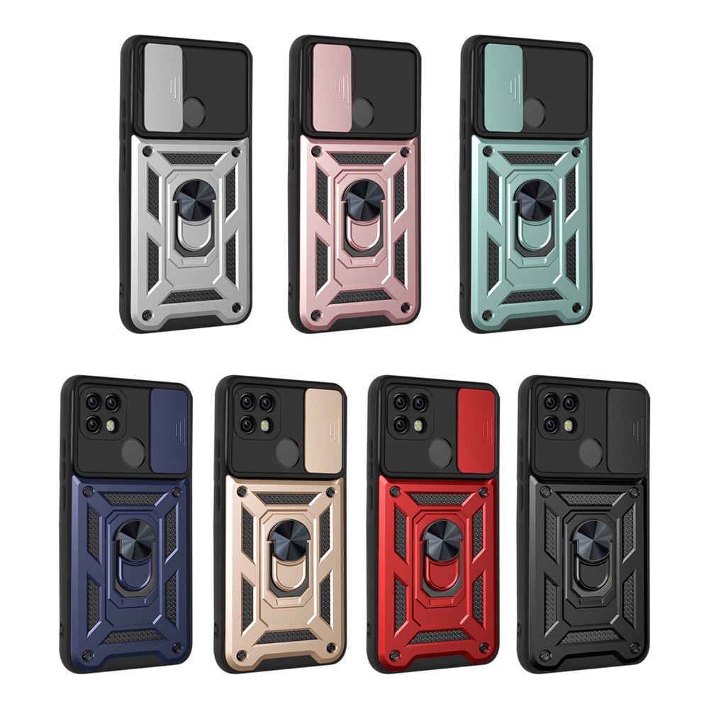 Camera Slide Cover Shockproof Anti-fall Ring Holder Kickstand PC + TPU Phone Cover Case for Realme C21 - Black-10