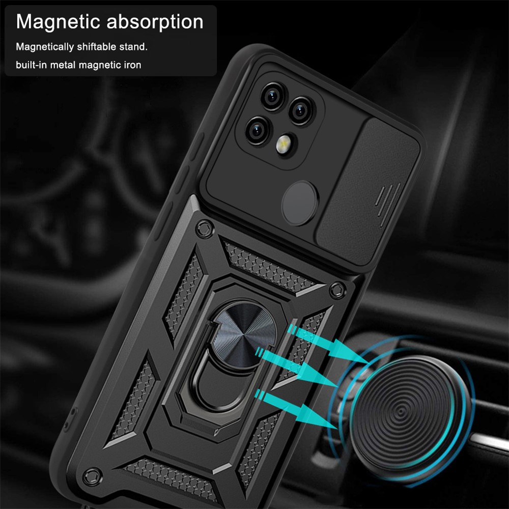 Camera Slide Cover Shockproof Anti-fall Ring Holder Kickstand PC + TPU Phone Cover Case for Realme C21 - Black-3