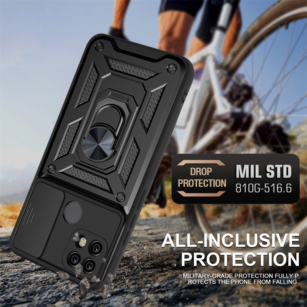 Camera Slide Cover Shockproof Anti-fall Ring Holder Kickstand PC + TPU Phone Cover Case for Realme C21 - Black-4