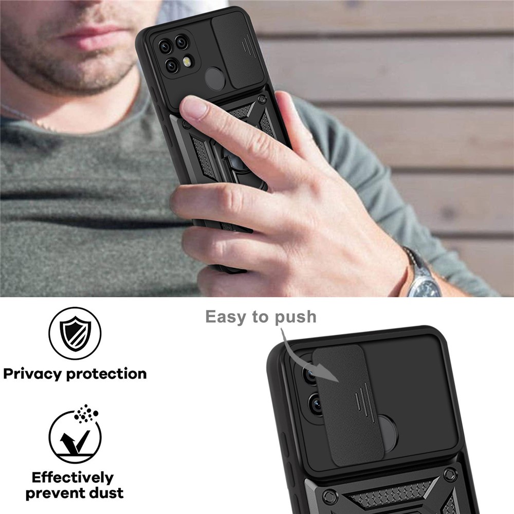 Camera Slide Cover Shockproof Anti-fall Ring Holder Kickstand PC + TPU Phone Cover Case for Realme C21 - Black-5