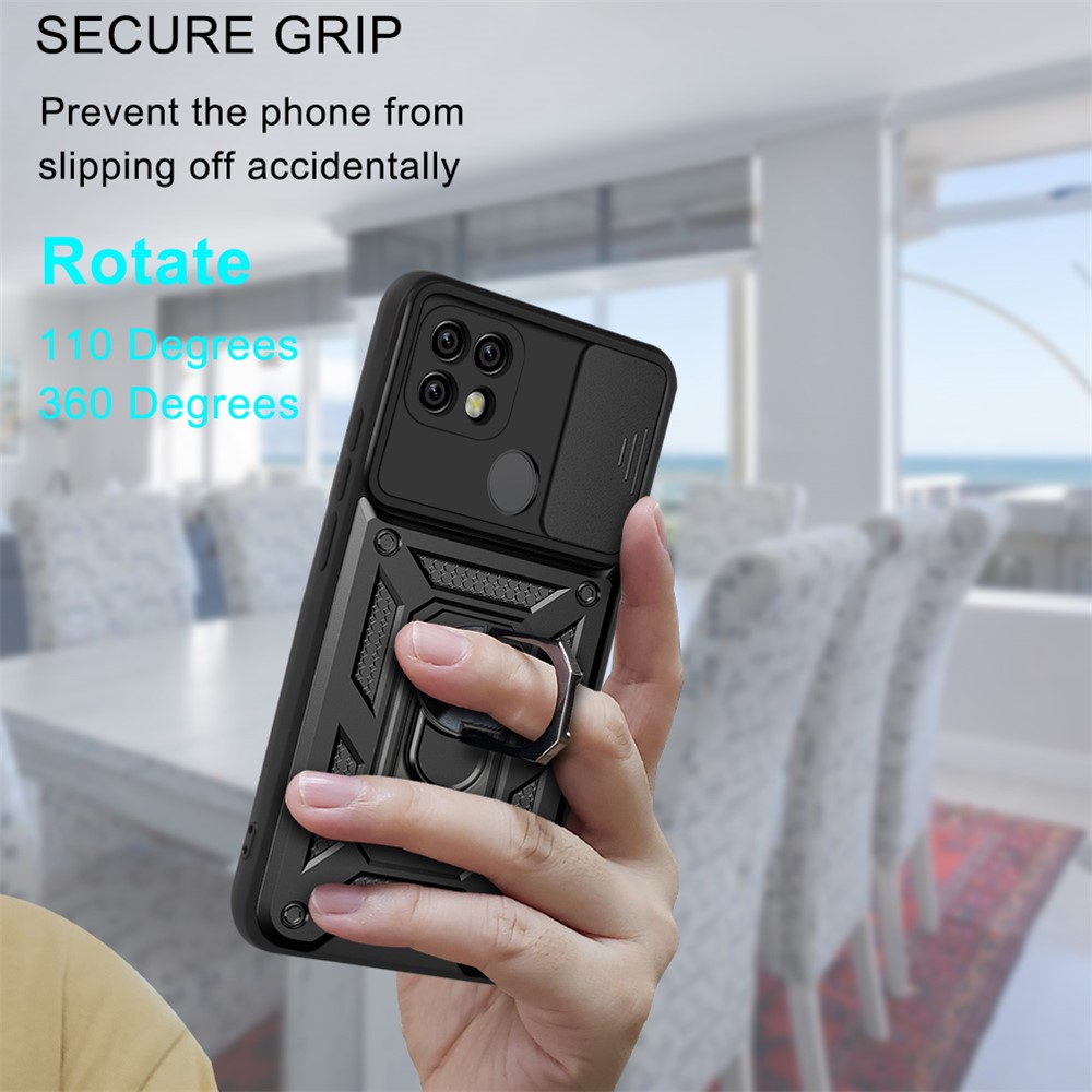 Camera Slide Cover Shockproof Anti-fall Ring Holder Kickstand PC + TPU Phone Cover Case for Realme C21 - Black-7