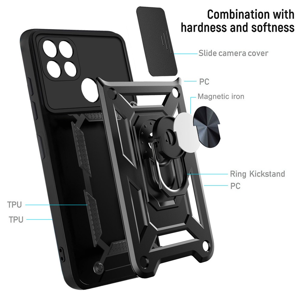 Camera Slide Cover Shockproof Anti-fall Ring Holder Kickstand PC + TPU Phone Cover Case for Realme C21 - Black-8