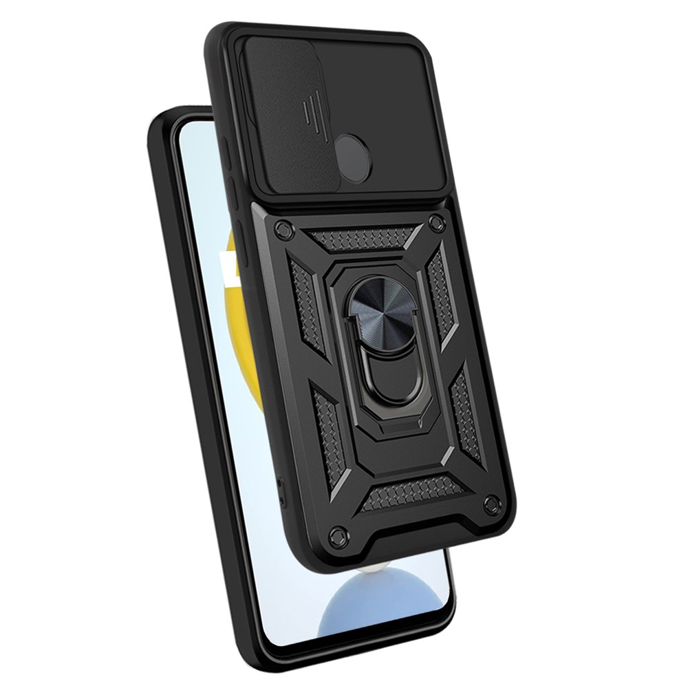 Camera Slide Cover Shockproof Anti-fall Ring Holder Kickstand PC + TPU Phone Cover Case for Realme C21 - Black-9