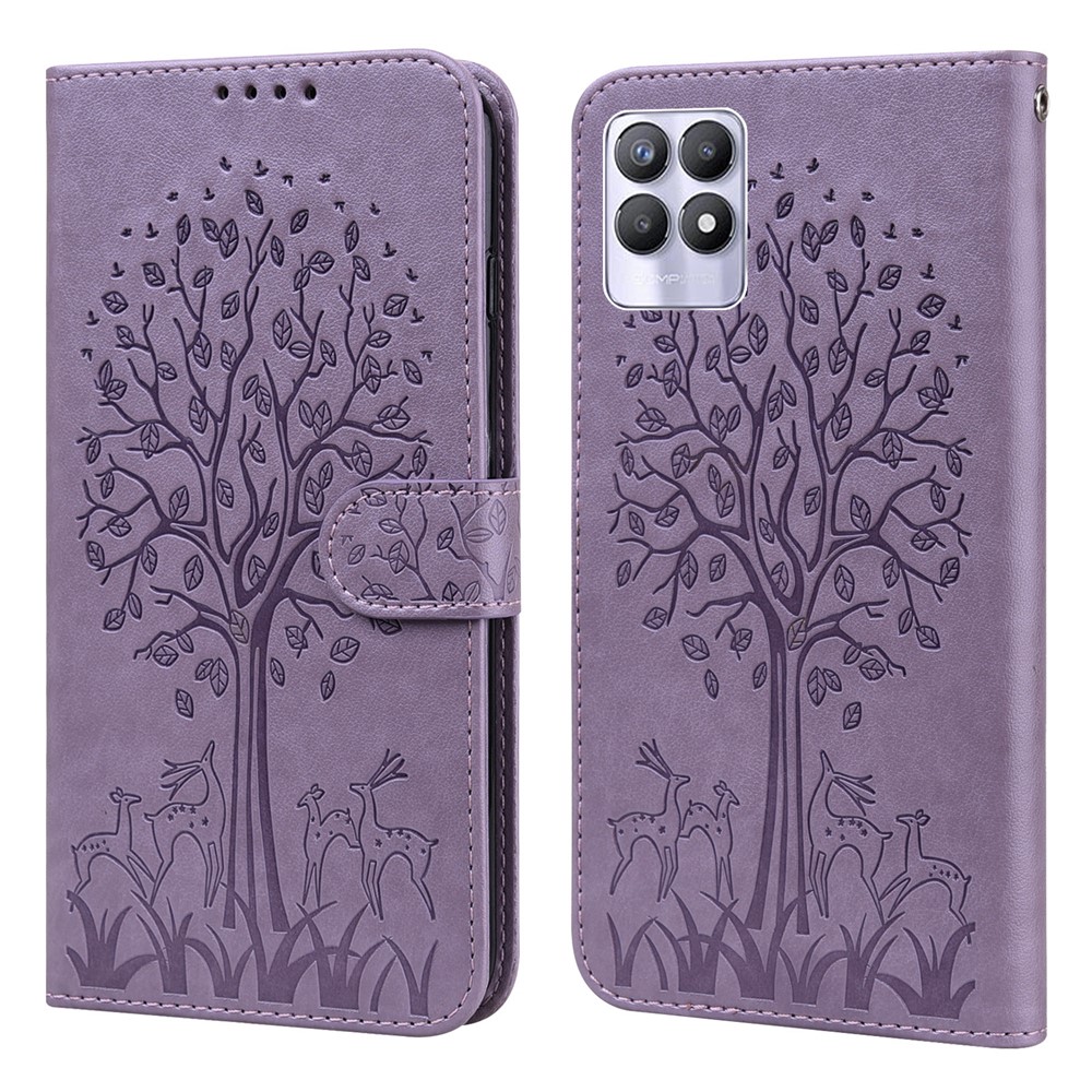 For Realme 8i Deer Tree Pattern Imprint PU Leather Wallet Stand Mobile Phone Protective Cover Shell - Purple-1