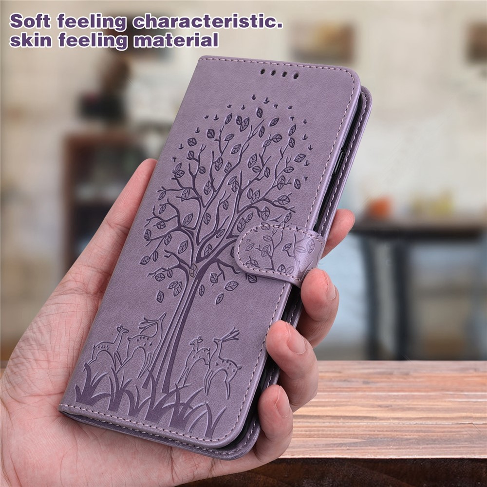 For Realme 8i Deer Tree Pattern Imprint PU Leather Wallet Stand Mobile Phone Protective Cover Shell - Purple-7