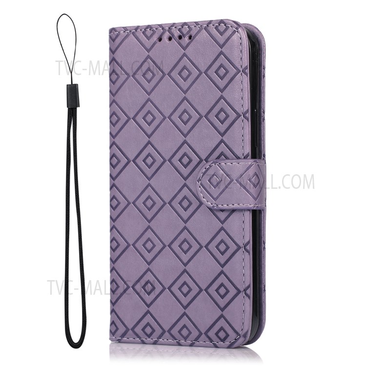 Grid Pattern Imprinted PU Leather Cover Drop-proof Protective Wallet Flip Stand Phone Case with Wrist Strap for Realme 8i - Purple-2