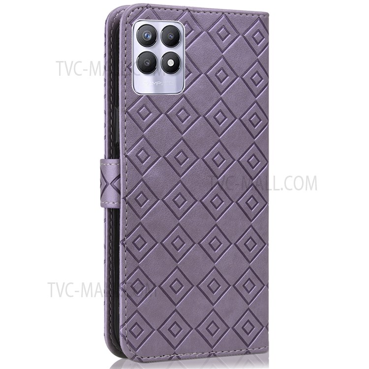 Grid Pattern Imprinted PU Leather Cover Drop-proof Protective Wallet Flip Stand Phone Case with Wrist Strap for Realme 8i - Purple-3
