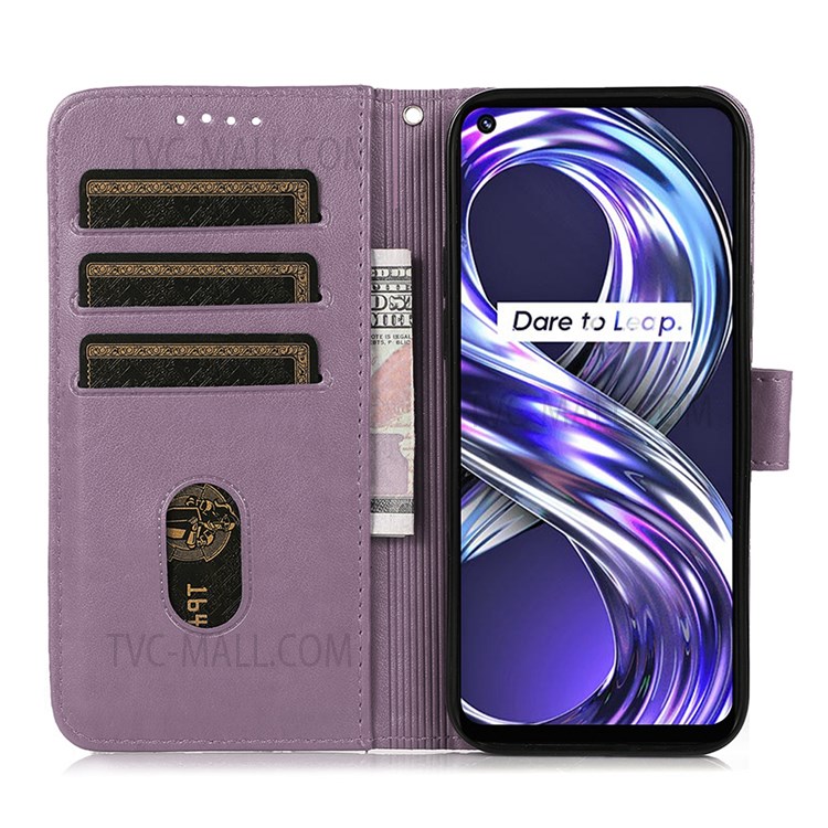 Grid Pattern Imprinted PU Leather Cover Drop-proof Protective Wallet Flip Stand Phone Case with Wrist Strap for Realme 8i - Purple-5