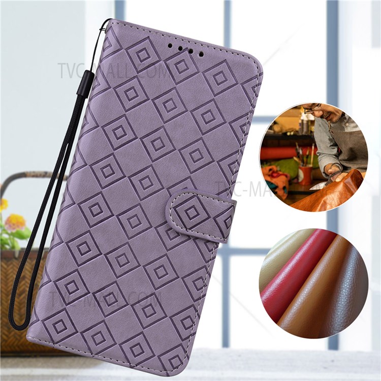 Grid Pattern Imprinted PU Leather Cover Drop-proof Protective Wallet Flip Stand Phone Case with Wrist Strap for Realme 8i - Purple-6