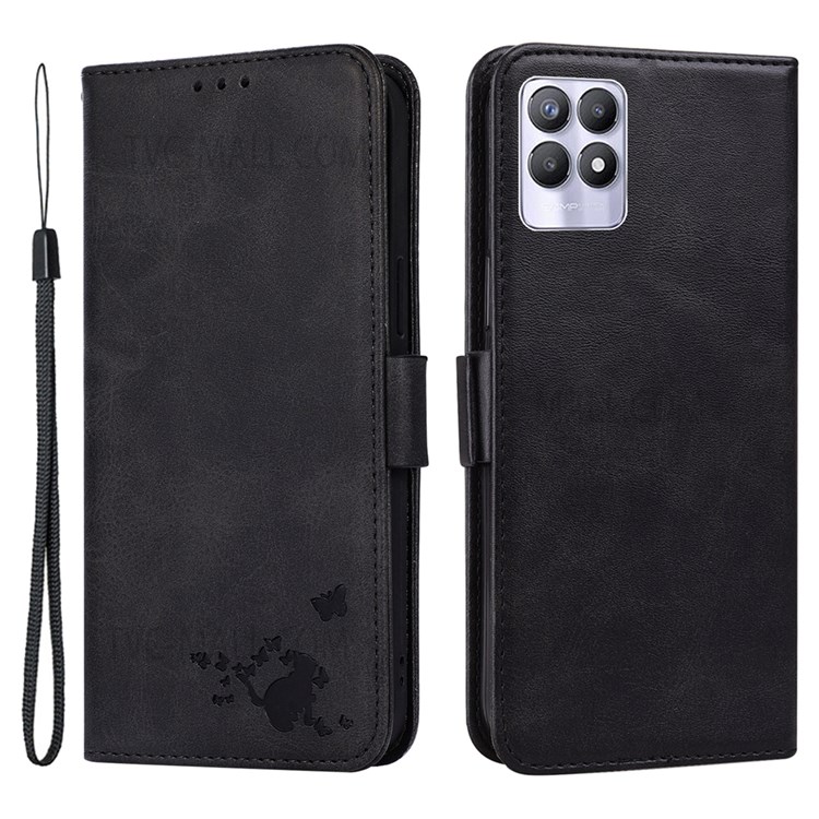 Cute Cat Butterfly Imprinting PU Leather Wallet Stand Phone Drop-proof Case Shell with Hand Strap for Realme 8i - Black-1