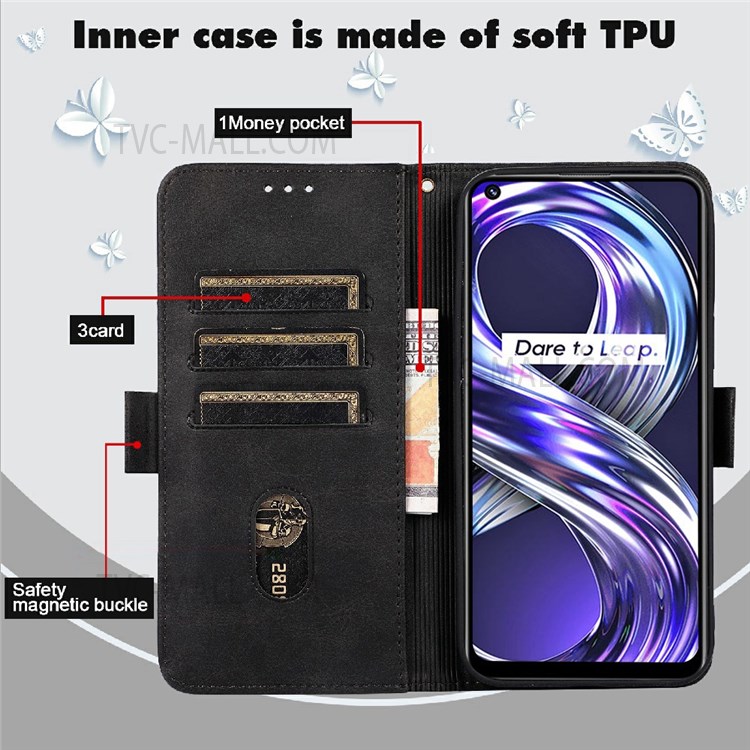 Cute Cat Butterfly Imprinting PU Leather Wallet Stand Phone Drop-proof Case Shell with Hand Strap for Realme 8i - Black-5
