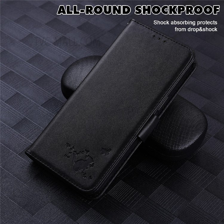 Cute Cat Butterfly Imprinting PU Leather Wallet Stand Phone Drop-proof Case Shell with Hand Strap for Realme 8i - Black-6