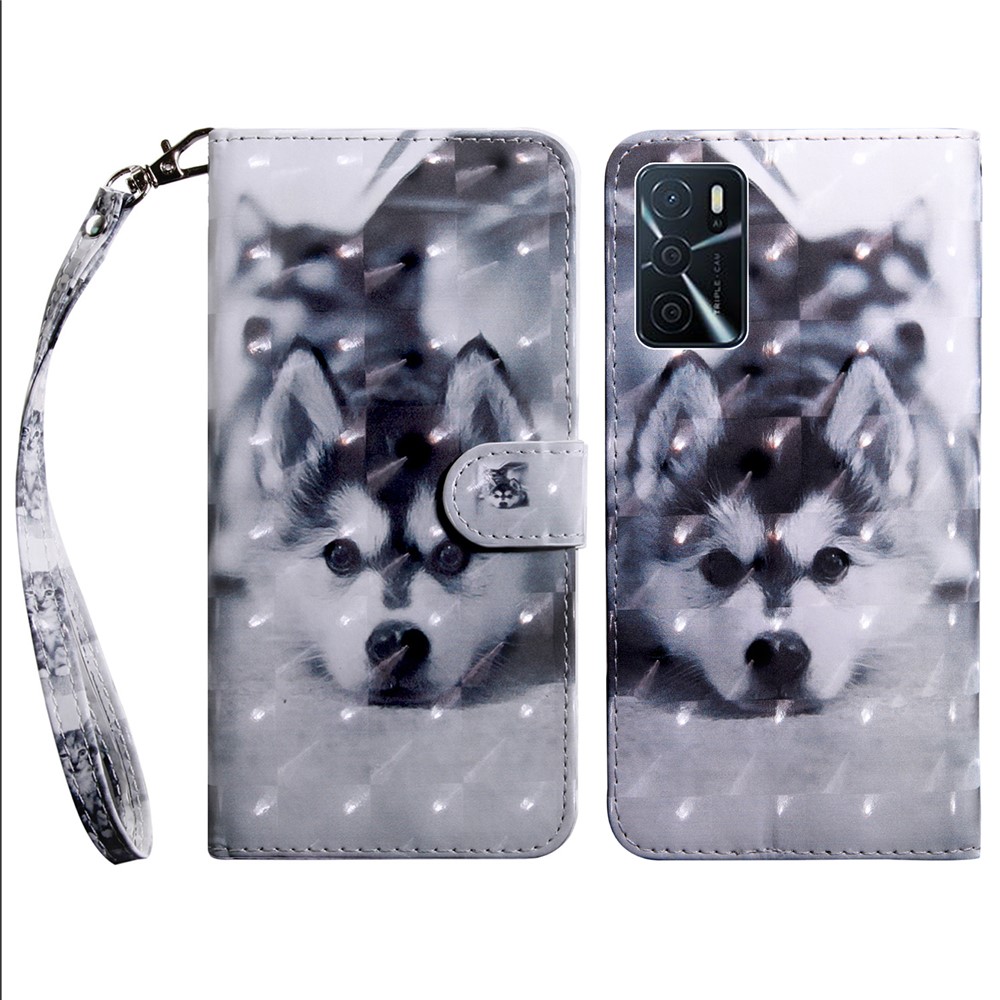 3D Pattern Printing PU Leather Soft TPU Inner Wallet Stand Flip Case with Strap for Oppo A16 / A16 / A54s / A54 4G / A55 5G - Dog-1