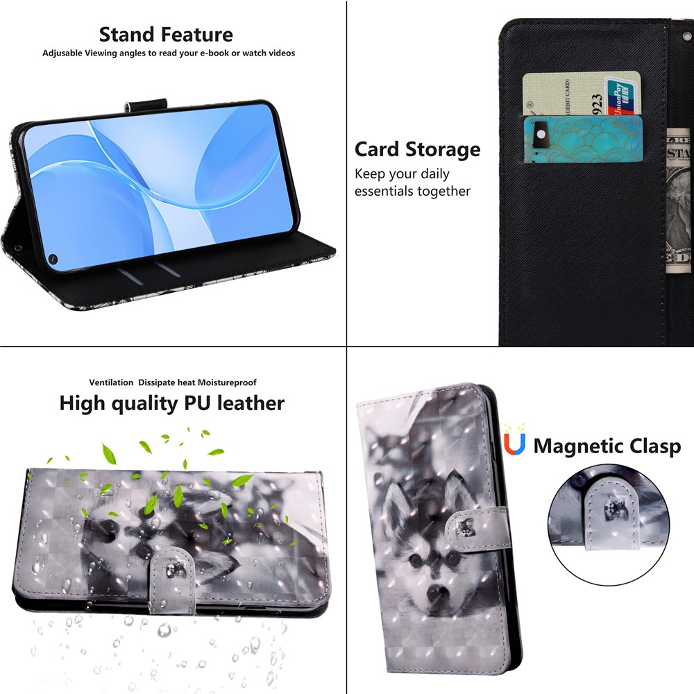 3D Pattern Printing PU Leather Soft TPU Inner Wallet Stand Flip Case with Strap for Oppo A16 / A16 / A54s / A54 4G / A55 5G - Dog-5