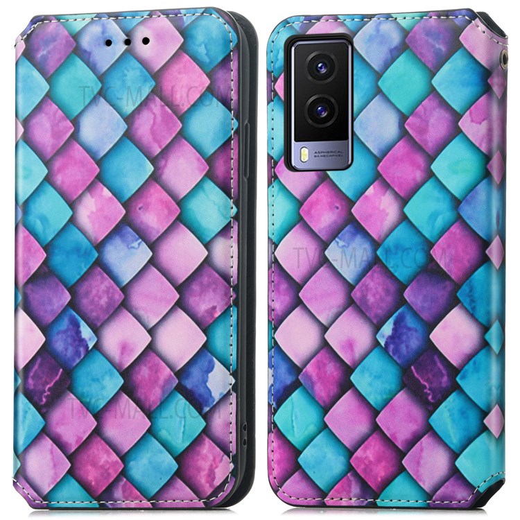 CASENEO 001 Series Leather Phone Stand Cover Shell RFID Blocking Pattern Printing Wallet Case for vivo V21e 5G - Purple Scale-1