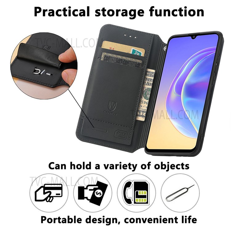 CASENEO 001 Series Leather Phone Stand Cover Shell RFID Blocking Pattern Printing Wallet Case for vivo V21e 5G - Purple Scale-3
