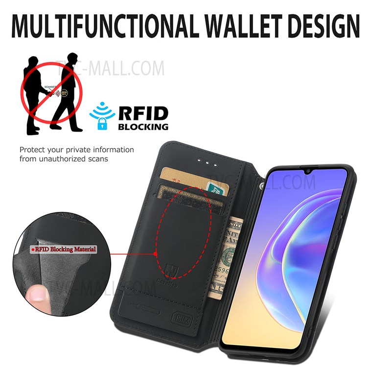 CASENEO 001 Series Leather Phone Stand Cover Shell RFID Blocking Pattern Printing Wallet Case for vivo V21e 5G - Purple Scale-4