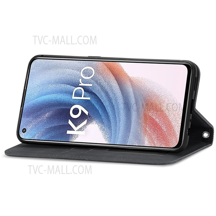 For Oppo K9 Pro TPU+PU Leather Phone Protection Shell Retro Style Magnetic Skin-Touch Surface Flip Phone Case with Supporting Stand Card Slots - Black-8