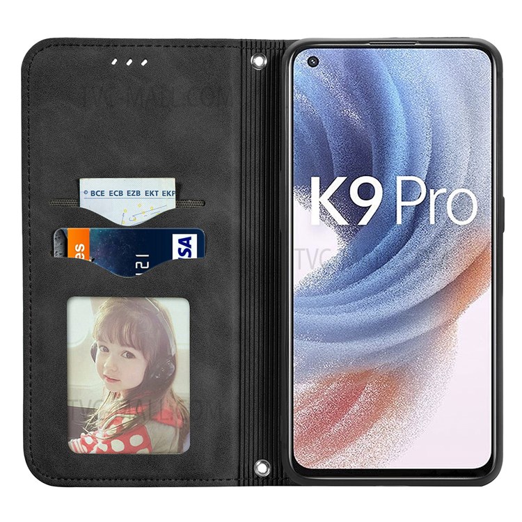 For Oppo K9 Pro TPU+PU Leather Phone Protection Shell Retro Style Magnetic Skin-Touch Surface Flip Phone Case with Supporting Stand Card Slots - Black-9