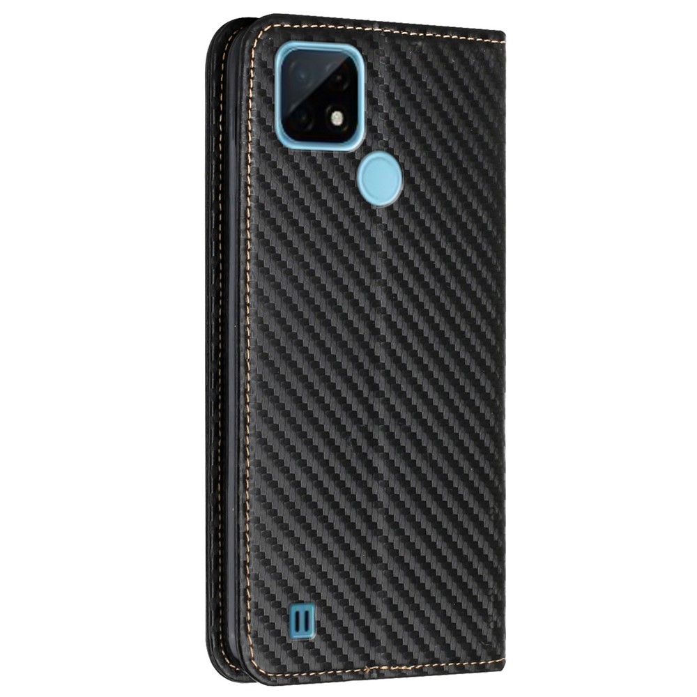 Carbon Fiber Texture PU Leather Case Auto Magnetic Closed Flip Stand Wallet Cover for Realme C21 - Black-3