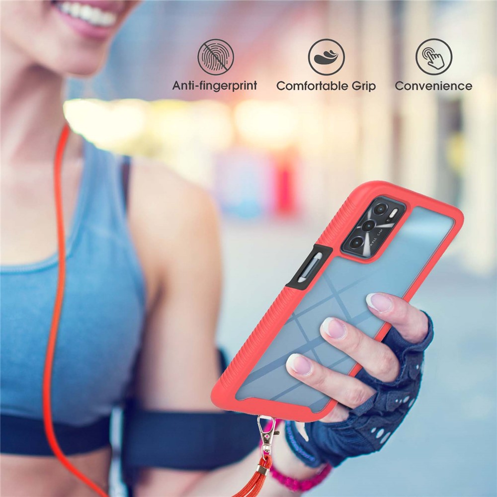 Scratch-resistant Drop-proof TPU+PC Durable Phone Case Cover with Adjustable Lanyard for Oppo A16/A16s/A54s - Red-7