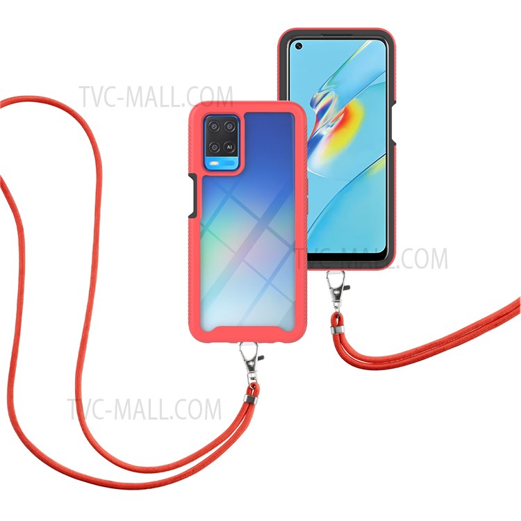 TPU+PC Hybrid Scratch-resistant Shockproof Phone Case Cover with Adjustable Lanyard for Oppo A54 4G - Red-2